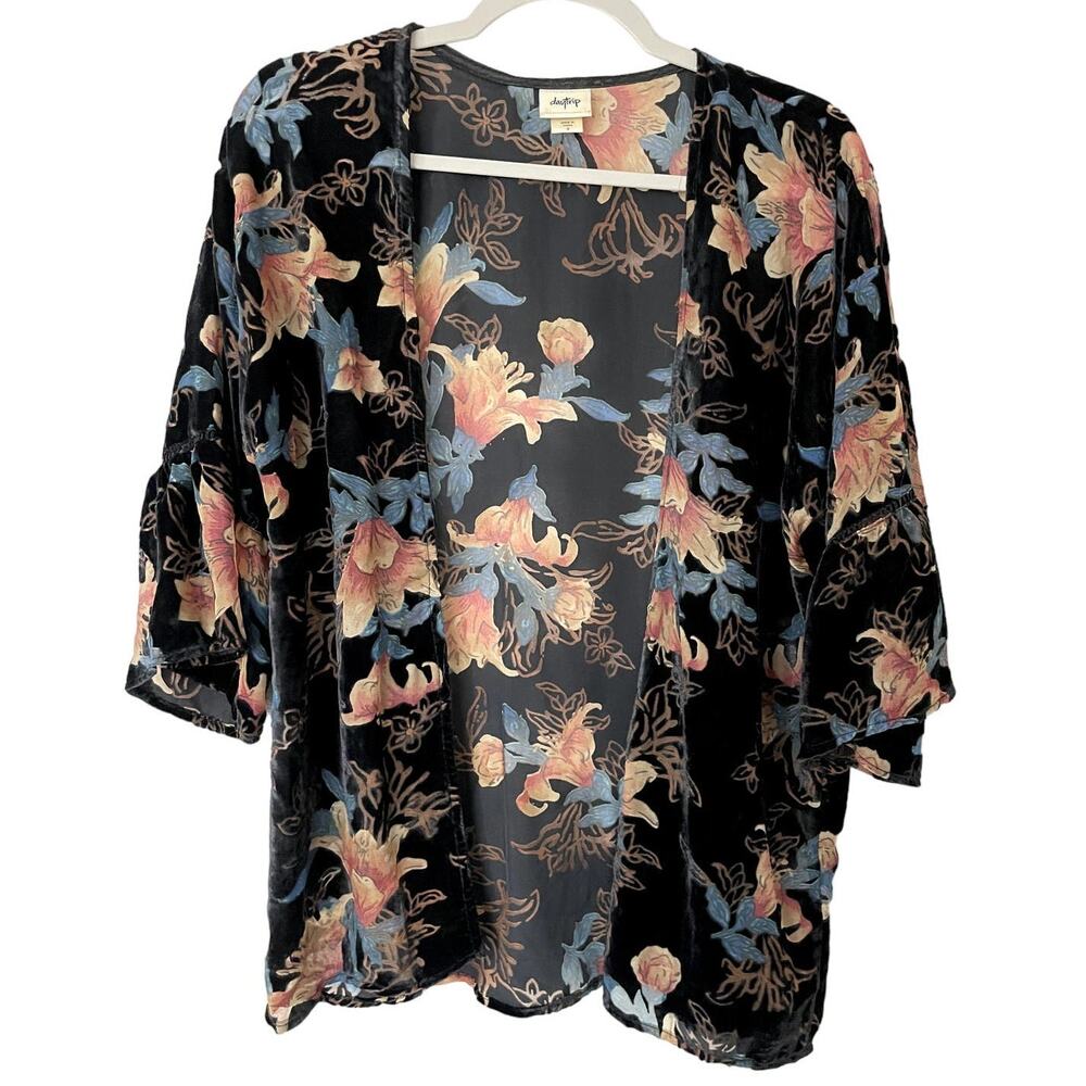 Daytrip Black Velour Sheer Floral Bell Sleeve Open Front Cardigan‎ Size Small